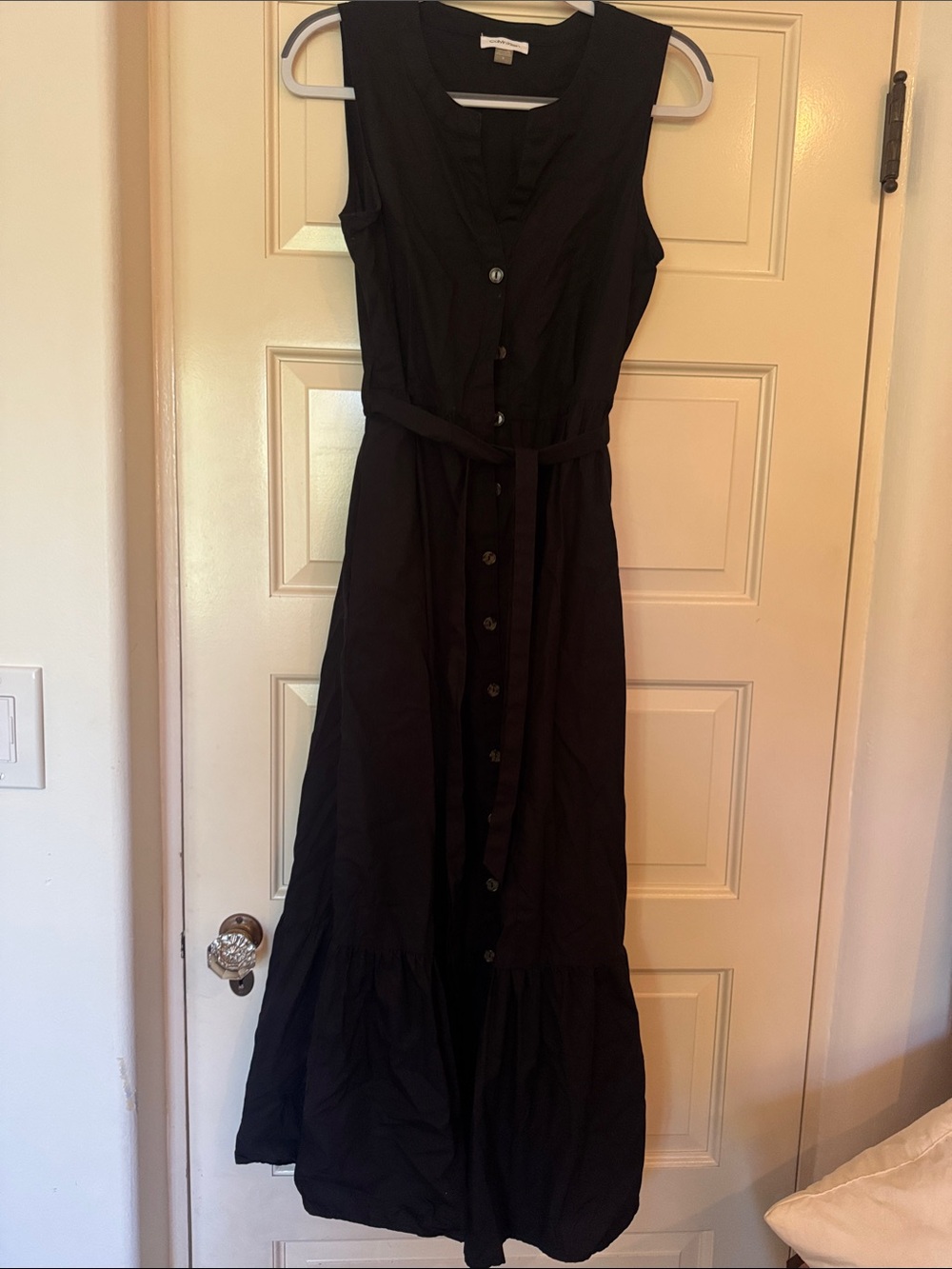 Calvin Klein Black Sleeveless Button-Front Maxi with Tie Waist